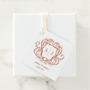 Étiquettes Cadeau Mariage Armoiries Monogramme Terre Cuite Rose Dépl