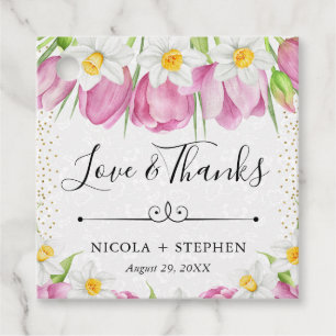 Étiquettes Cadeau Mariage aux Tulipes et Jonquilles Rose Aquarelle