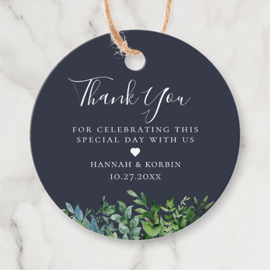 Étiquettes Cadeau Mariage bleu marine à feuillage de forêt rustique (Devant)