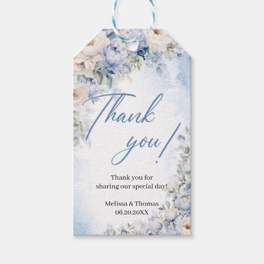 Étiquettes-cadeau Mariage Boho Elegant Dusty Blue et Fleurs d'ivoire (Devant)