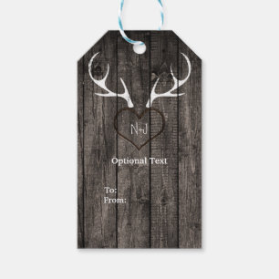 Étiquettes-cadeau Mariage Bois de Cerf Rustique et Cœur Sculpté