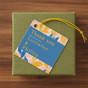 Étiquettes Cadeau Mariage botanique bleu et jaune Merci