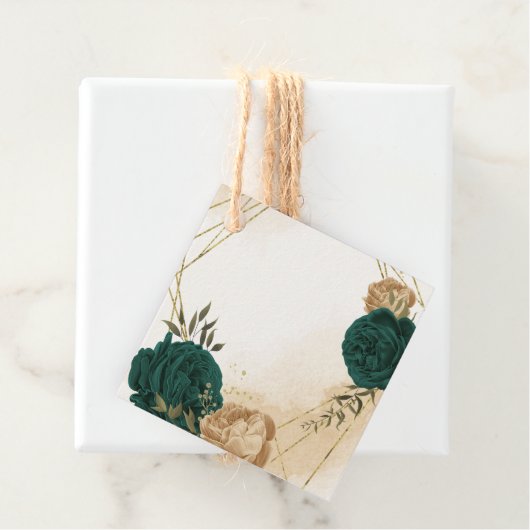 Étiquettes Cadeau Mariage botanique vert émeraude beige or (En situation)