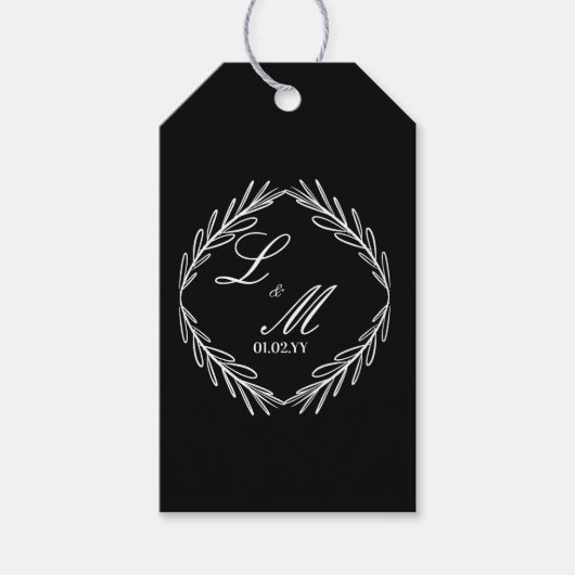 Étiquettes-cadeau Mariage Branche Script Monogramme Noir Blanc (Devant)
