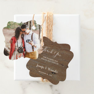 Étiquettes Cadeau Mariage campagnard photo en bois rustique Merci