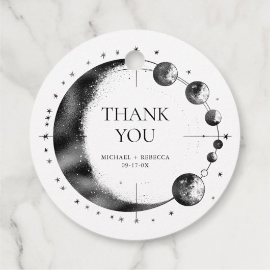Étiquettes Cadeau Mariage céleste noir blanc Lune phase Merci (Dos)