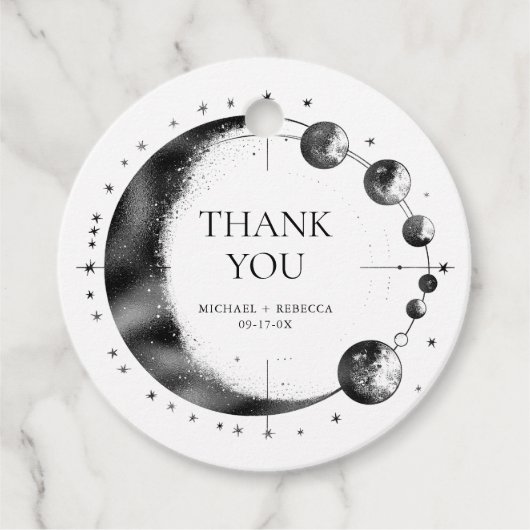 Étiquettes Cadeau Mariage céleste noir blanc Lune phase Merci (Devant)