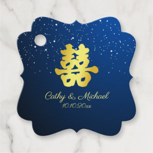 Étiquettes Cadeau Mariage chinois bleu flocon de neige double bonheu