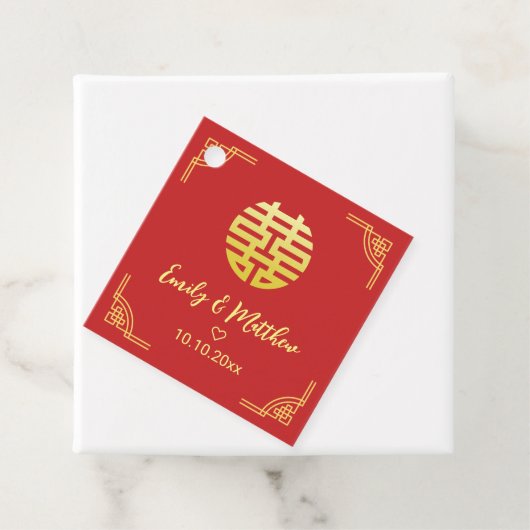 Étiquettes Cadeau Mariage chinois cadre doré double xi (En situation)