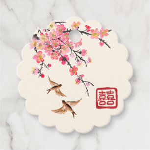 Étiquettes Cadeau Mariage chinois d'encre peignant fleurs et oiseaux