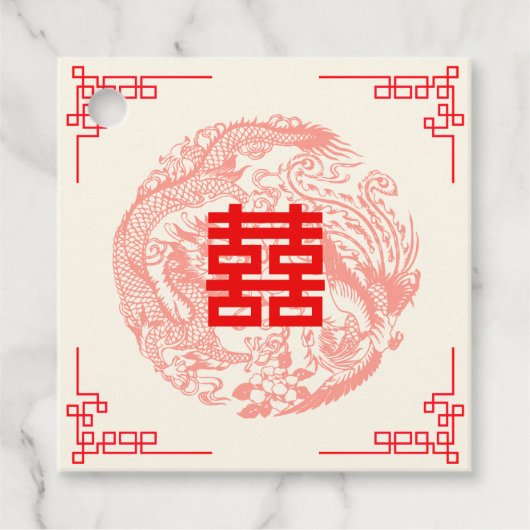 Étiquettes Cadeau Mariage chinois rouge dragon et Phénix (Devant)