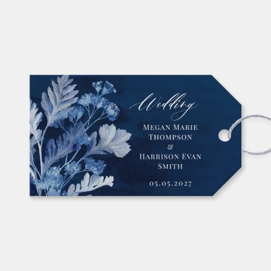 Étiquettes-cadeau Mariage d'aquarelle botanique Indigo (Devant (Horizontal))