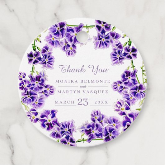 Étiquettes Cadeau Mariage d'aquarelle de fleurs de ciel violet merci (Devant)