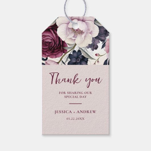 Étiquettes-cadeau Mariage d'aquarelle florale de prune bordeaux (Devant)