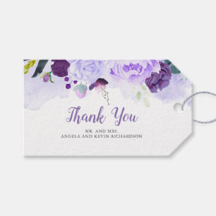 Étiquettes-cadeau Mariage d'aquarelle florale pourpre et argent