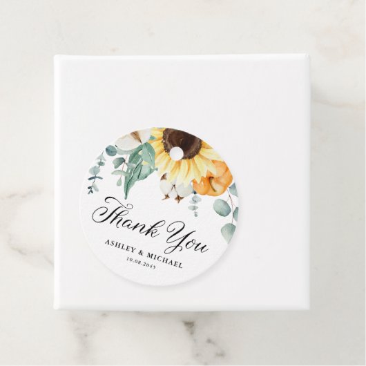 Étiquettes Cadeau Mariage d'automne Citrouille et tournesols (En situation)