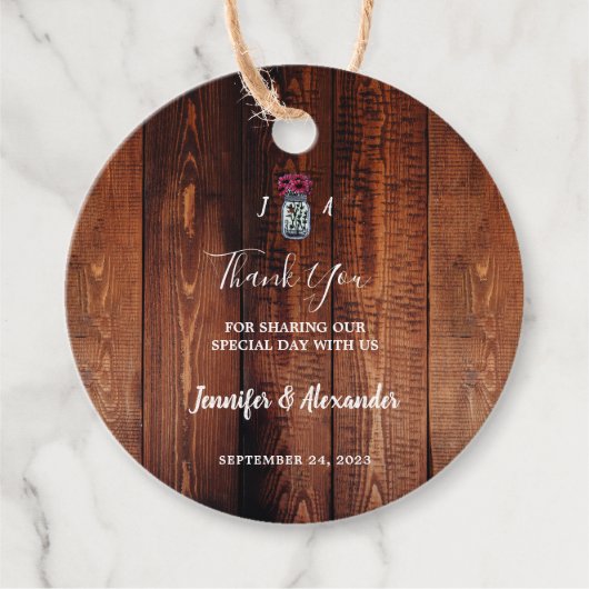 Étiquettes Cadeau Mariage de bois de grange en pot de mason rustique (Devant)