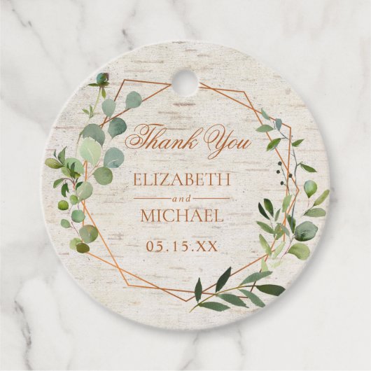 Étiquettes Cadeau Mariage de bouleau Eucalyptus géométrique en cuivr (Devant)