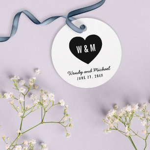 Étiquettes Cadeau Mariage de coeur de Monogramme blanc et noir