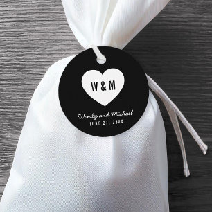 Étiquettes Cadeau Mariage de coeur de Monogramme noir et blanc