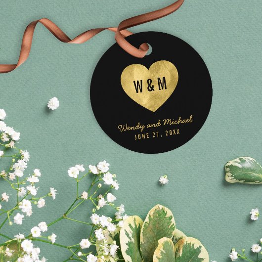 Étiquettes Cadeau Mariage de coeur Monogramme Noir & Or