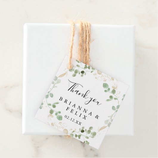 Étiquettes Cadeau Mariage de feuillage Gold Confetti Eucalyptus (En situation)