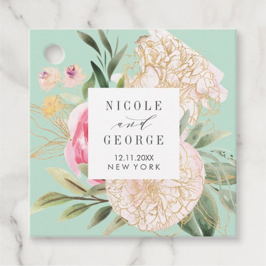 Étiquettes Cadeau Mariage de fleur d'or de Peony Delicate (Devant)