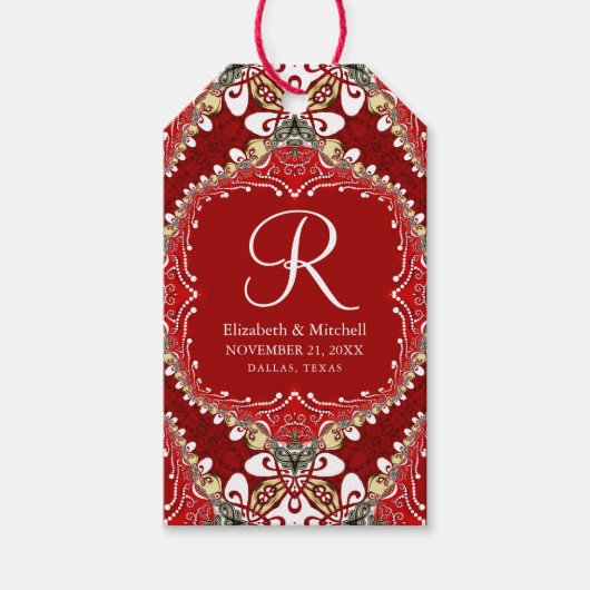 Étiquettes-cadeau Mariage de monogramme Batik de Bohême Rouge (Devant)