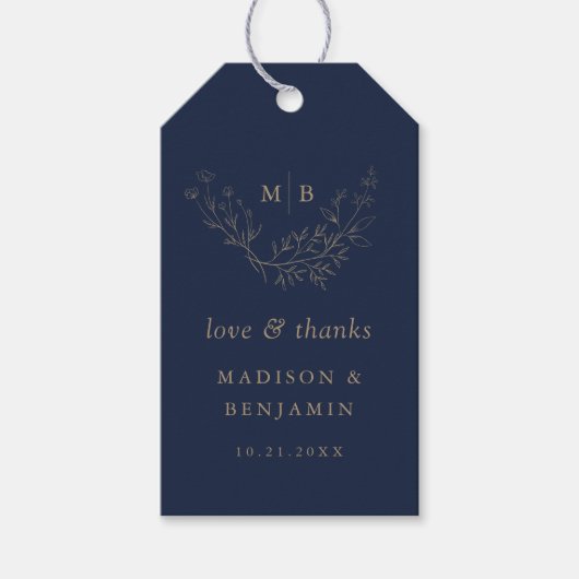 Étiquettes-cadeau Mariage de monogramme botanique minimal de la Mari (Devant)