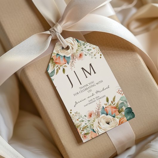 Étiquettes-cadeau Mariage de monogramme floral de crème de pêche