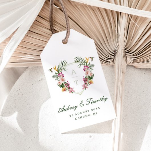 Étiquettes-cadeau Mariage de monogramme floral tropical
