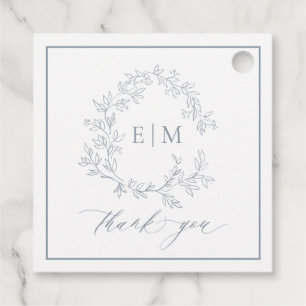 Étiquettes Cadeau Mariage de monogramme moderne Dusty Blue Leafy Cre