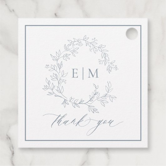Étiquettes Cadeau Mariage de monogramme moderne Dusty Blue Leafy Cre (Dos)