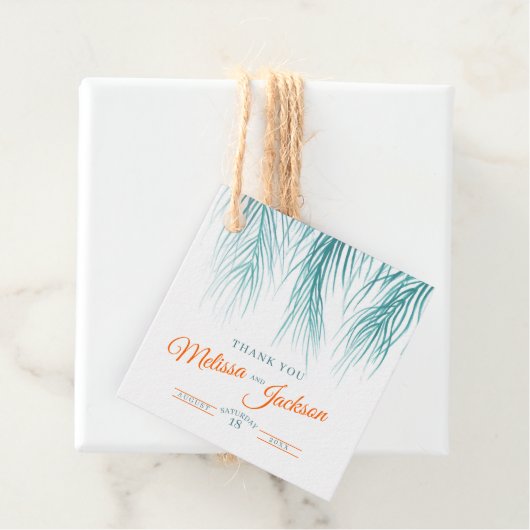 Étiquettes Cadeau Mariage de palme tropicale grâce vert foncé orange (En situation)