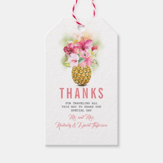 Étiquettes-cadeau Mariage de plage d'ananas aux fleurs tropicales (Devant)