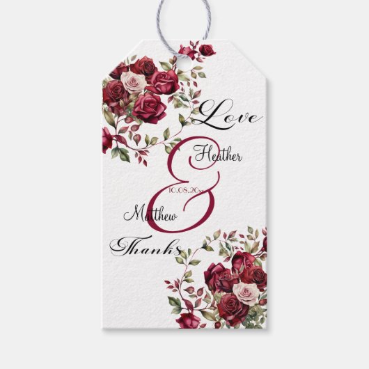 Étiquettes-cadeau Mariage de script moderne floral de Bourgogne (Devant)