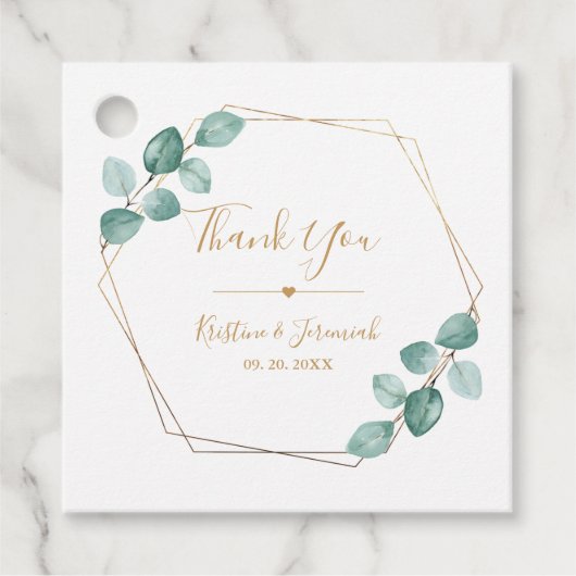 Étiquettes Cadeau Mariage de script or Eucalyptus moderne (Devant)