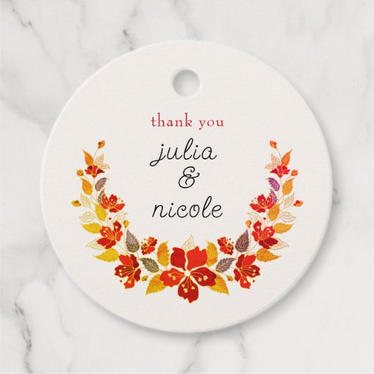 Étiquettes Cadeau Mariage d'hibiscus tropicaux d'Orange brulé (Devant)