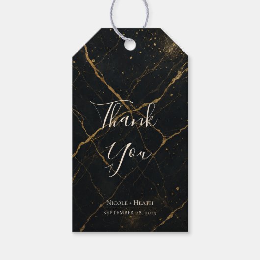 Étiquettes-cadeau Mariage doré en marbre de minuit noir et or (Devant)