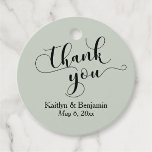 Étiquettes Cadeau Mariage Elegant Black sur Sage Green Merci
