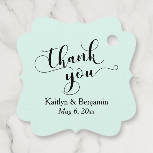 Étiquettes Cadeau Mariage Élégant script noir, Merci vert menthe (Dos)