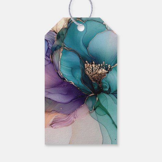 Étiquettes-cadeau Mariage Fleur Bleu Or Aqua Violet Lavage de Bride (Dos)