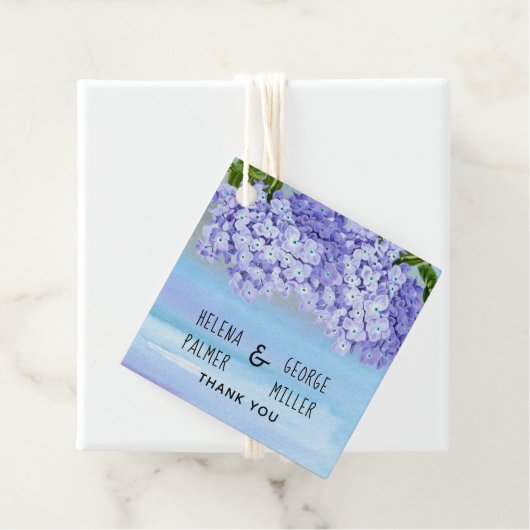 Étiquettes Cadeau Mariage fleuri bleu violet hydrangea (En situation)