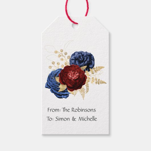Étiquettes-cadeau Mariage Fleuris Navy, Rouge et Or (Devant)