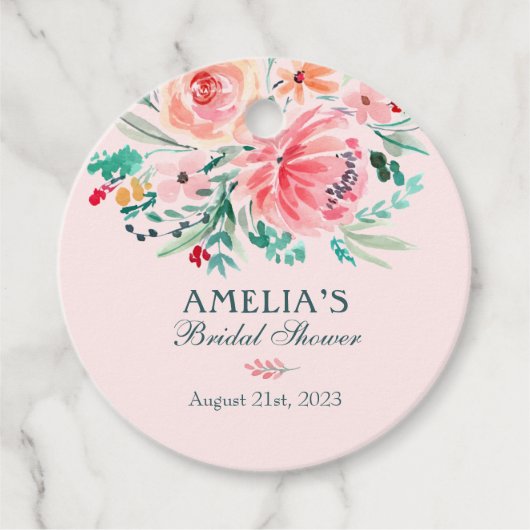 Étiquettes Cadeau Mariage Fleurs Aquarelle Rose Vert (Devant)