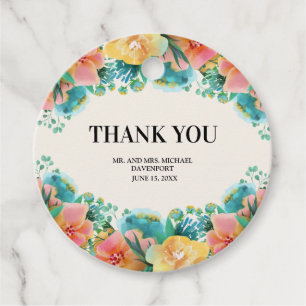 Étiquettes Cadeau Mariage Floral Aquarelle Rose Turquoise Jaune