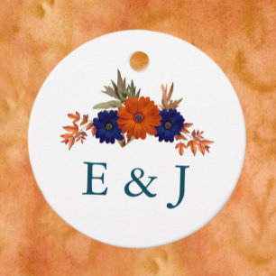 Étiquettes Cadeau Mariage Floral Automnal Rustique Orange Bleu Marin
