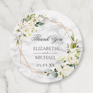 Étiquettes Cadeau Mariage floral blanc blanc en marbre géométrique c