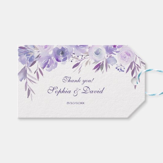 Étiquettes-cadeau Mariage Floral bleu clair pourpre (Devant (Horizontal))