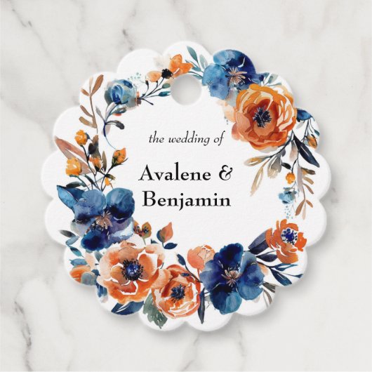 Étiquettes Cadeau Mariage floral bleu et orange (Devant)